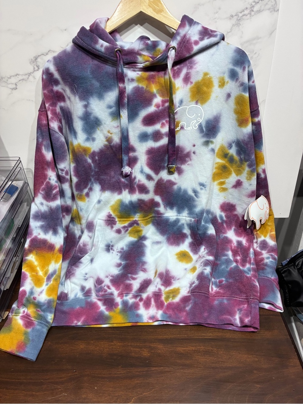 ivory ella Tie-Dye Cowl Pullover Hoodie in Purple, Yellow & Blue
